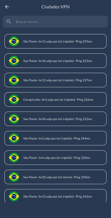 Lista de servidores de un país, cada uno con su ciudad y su ping en milisegundos