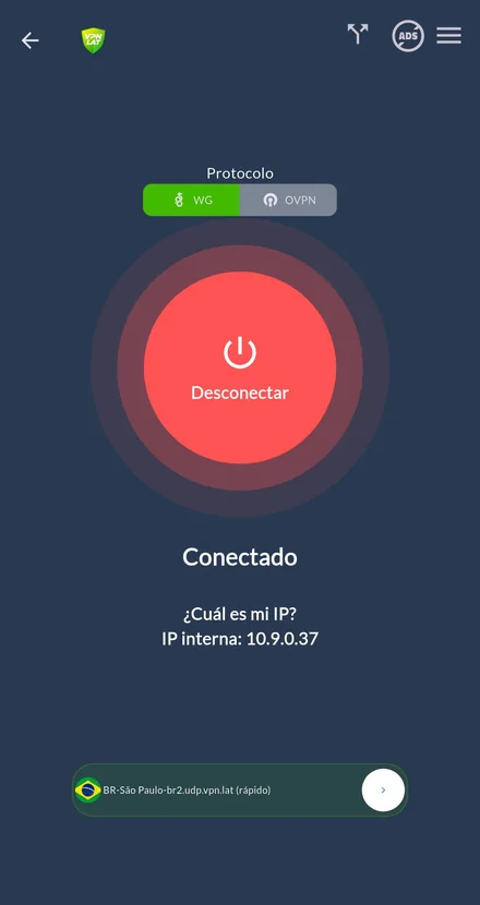La app de VPN.lat conectada, con el botón rojo de desconectar y el servidor elegido abajo