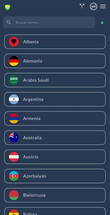 The app country list, each with its flag and a search box at the top